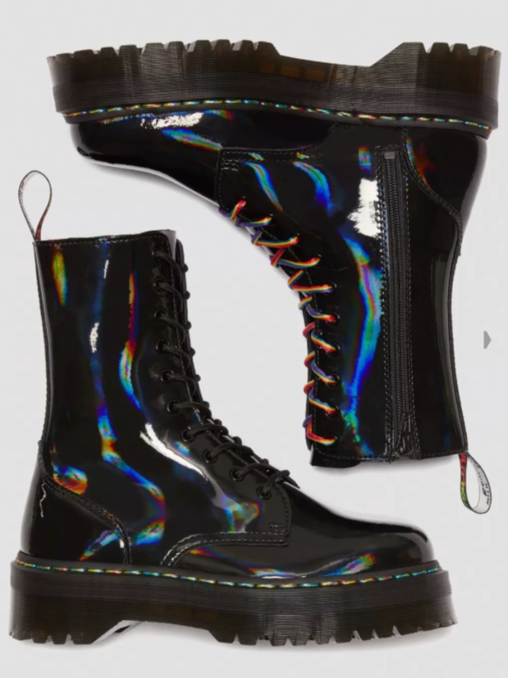 Dr. Martens Jadon Hi - Black Iridescent Rainbow Patent Lace-Up Platform Boots